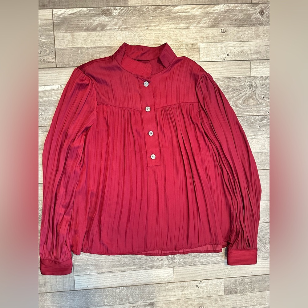 Anthropologie Maroon Satin‎ Blouse Sz M Pleated Long Sleeves Popover Loose
